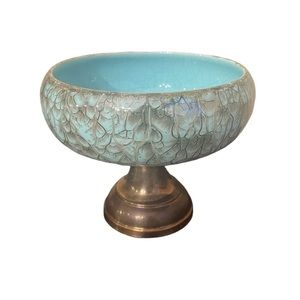 Delft Made in Holland Aqua and Gray with Brass Base Pedestal Bowl